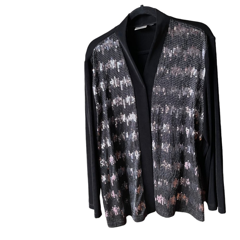 CHICO'S Black and Silver Metallic Sequin Lightweight Open Jacket Cardigan